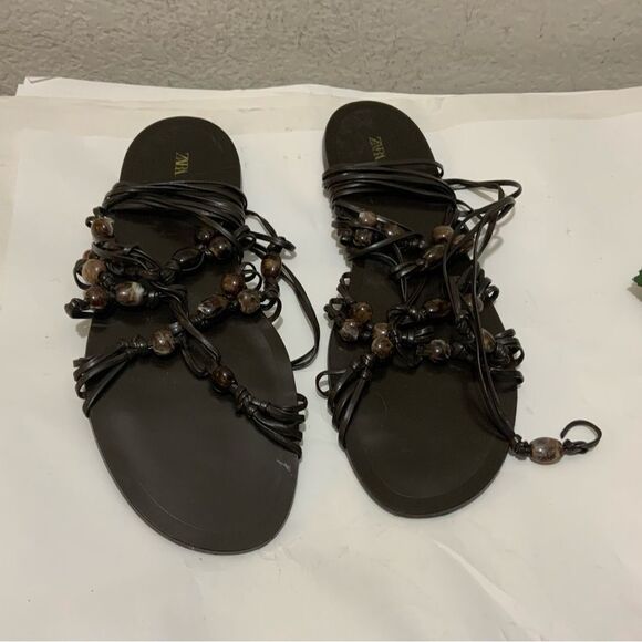 Zara Tied Flat Sandals with Stones size 41 - Picture 1 of 5